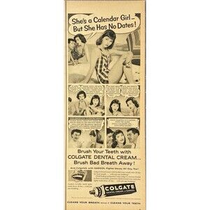Colgate Dental Cream with Gardol "A Calendar Girl with No Dates" Print Ad 1957